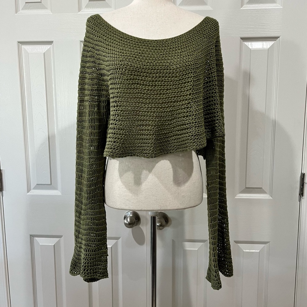 Olive Green Women's Cropped Bell Sleeve Boho Sweater Shrug